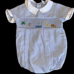 Seersucker Smocked Noah Ark Bubble 6 M